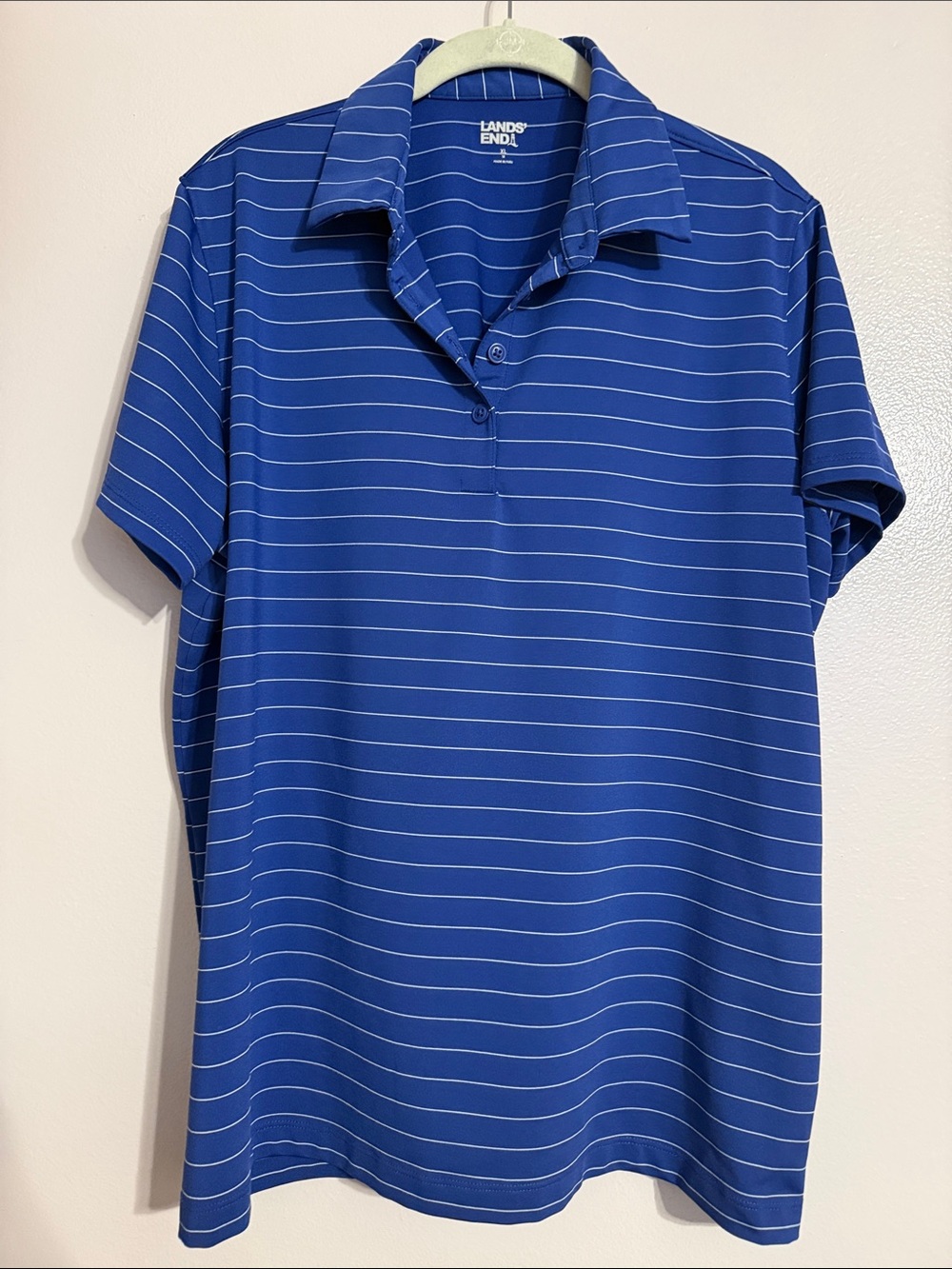 Lands' End Royal Blue Polo with Thin White Stripes